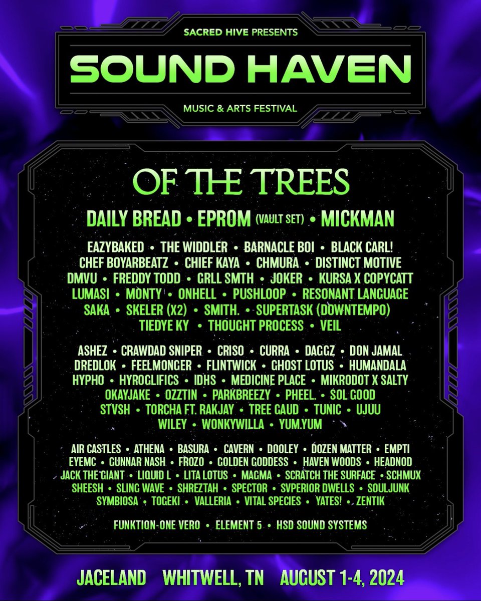 We are ecstatic to present the full lineup for Sound Haven 2024!

We’ve brought together some of the best artists in bass music for a weekend of massive sound systems and next-level stages. Who are you most excited to see?

Limited tickets remaining, lock yours in while they’re