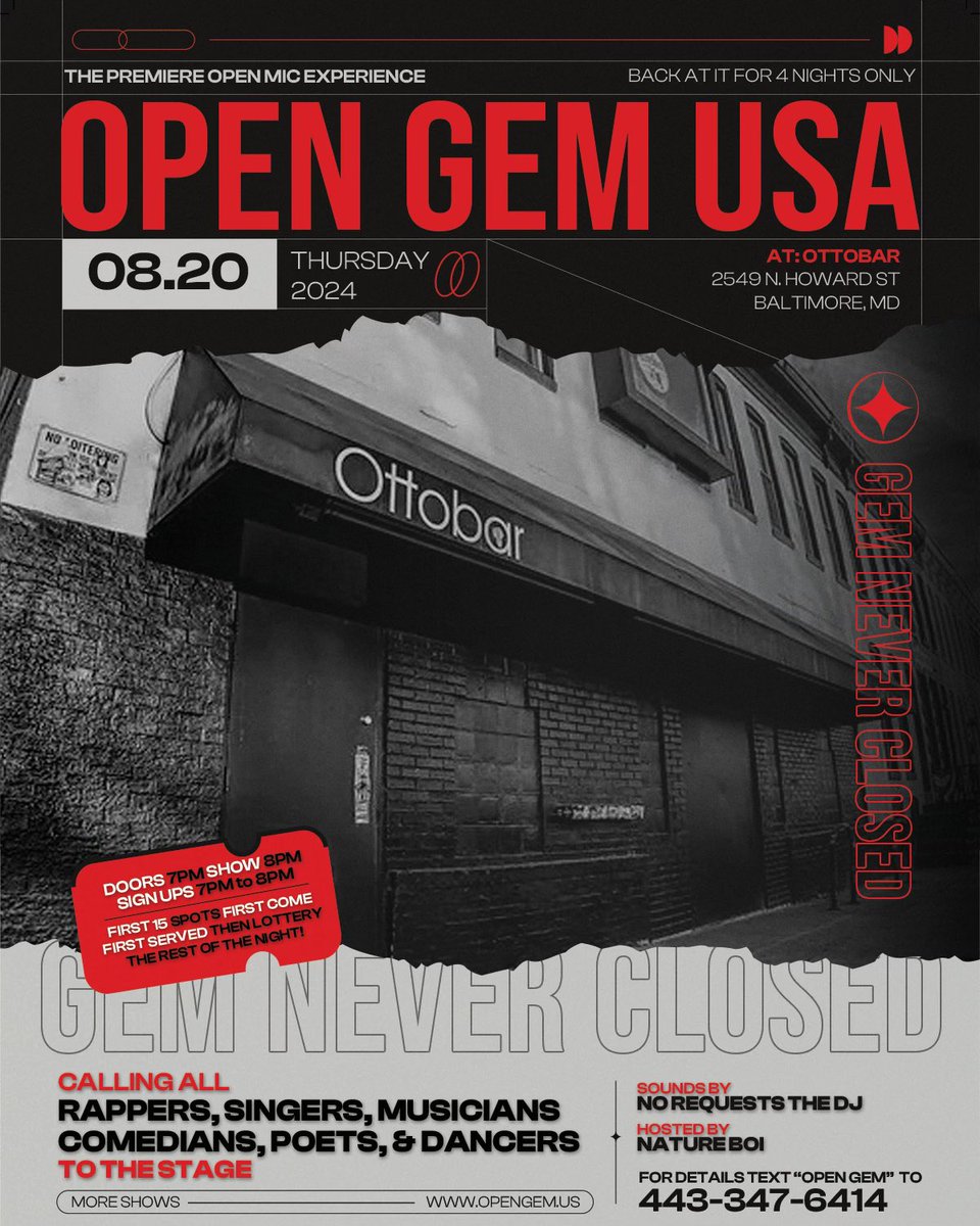 It’s been a year but we are bringing our open mic back to celebrate our 7 year anniversary! 4 dates ! July and August! 

More details at OPENGEM.US 

RT and help us spread the word 💎