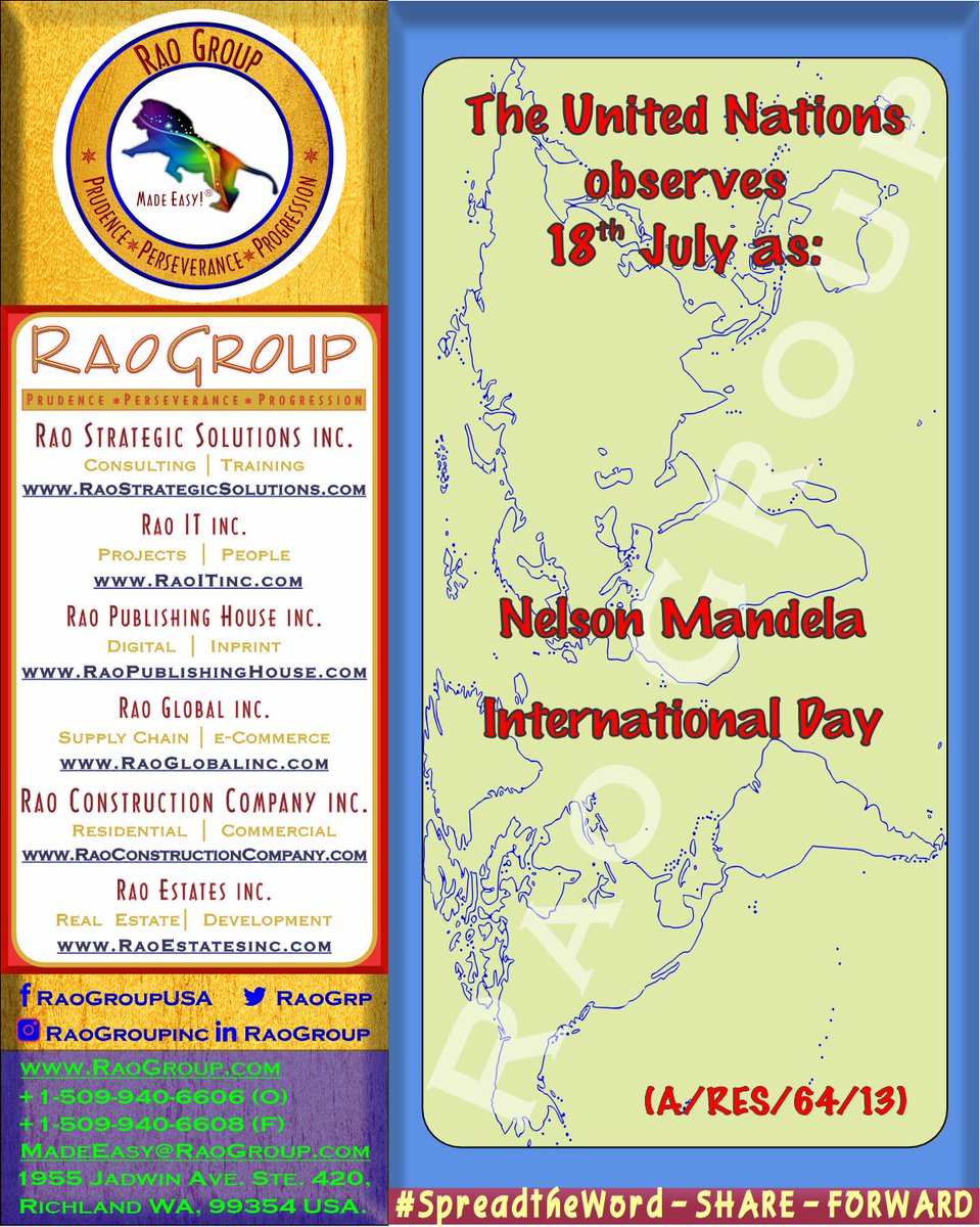 RaoGroupUSA's tweet photo. Rao Group extends its heartiest wishes on Nelson Mandela International Day!

509-940-6606
https://t.co/1zvDNUcgEN

#raogroup #raoitinc #richlandwashington #richlandwa #kennewickwa #kennewickwashington #pascowa #pascowashington #tricitieswa #BusinessGrowth2024 #UnitedNations https://t.co/V55pfnHeZc