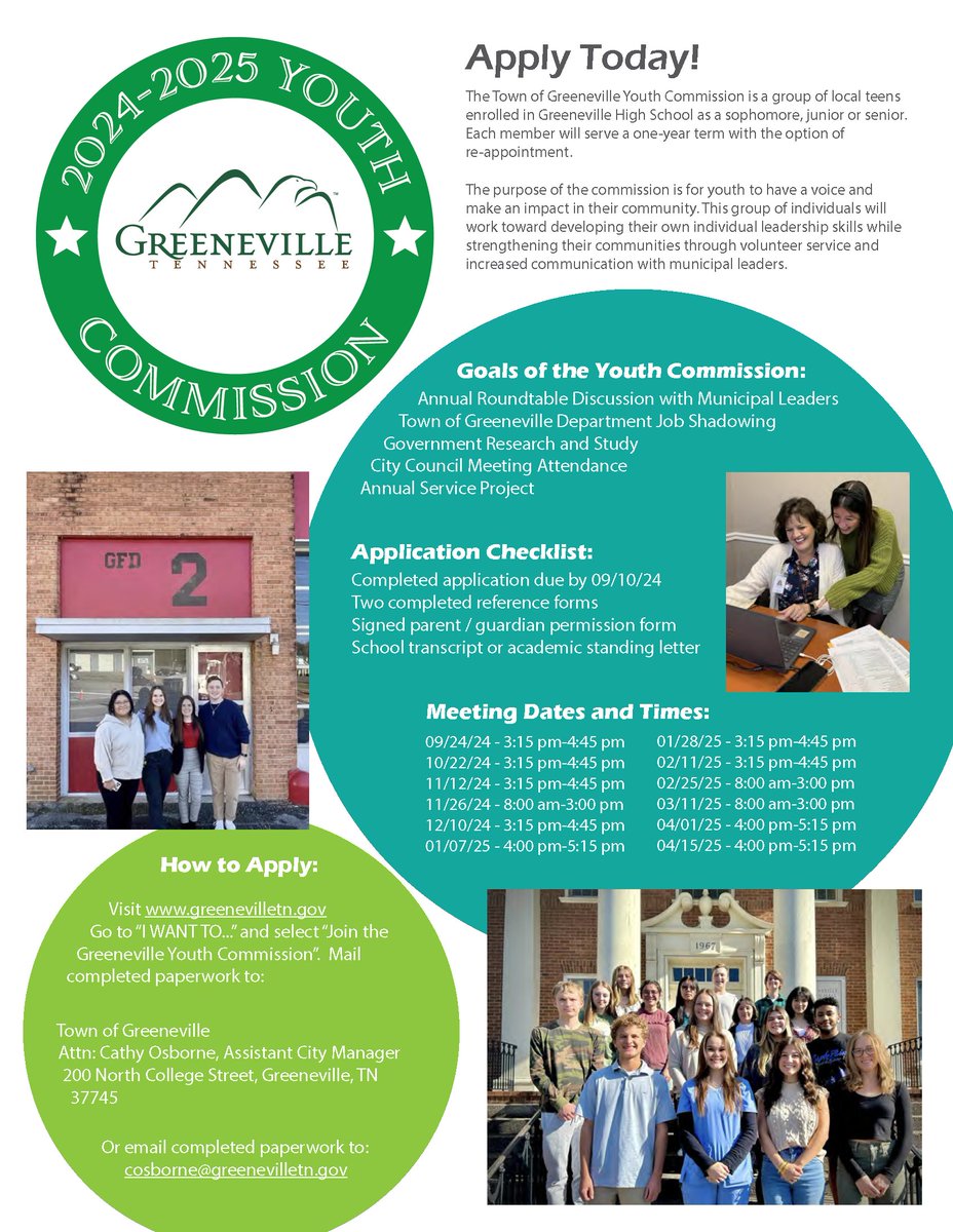 Apply Today! The Town of Greeneville Youth Commission is a group of teens enrolled in Greeneville High School as sophomores, juniors or seniors.  It's a one-year term with the option of re-appointment. Visit greenevilletn.gov  and "I want to..." menu for info or to apply