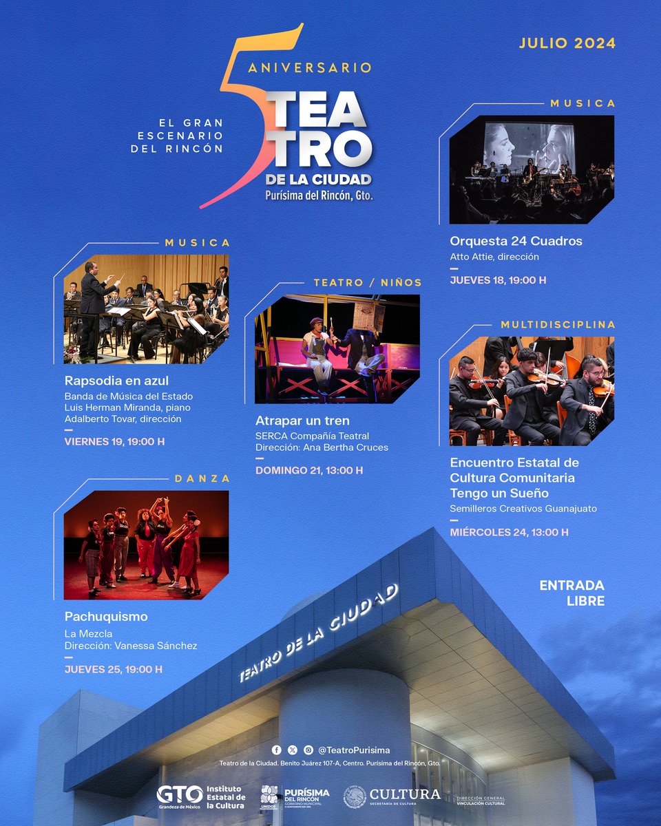 ¡Estamos de aniversario! Acompáñanos en el programa especial que hemos preparado para celebrar nuestros cinco primeros años como el Gran Escenario del Rincón. ¡Te esperamos! Entrada libre.