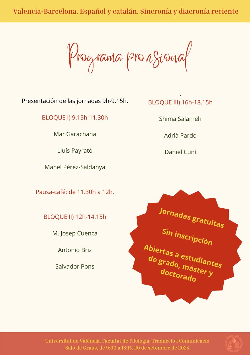 ValEsColoquial's tweet photo. Ya estamos con la mente más en las vacaciones que en otra cosa, pero a la vuelta en septiembre hemos organizado esta Jornada en la que confrontamos ideas con los compañeros de la UB. Dejamos el programa provisional, próximamente añadiremos los títulos de las ponencias. https://t.co/Lrt9DKMBoR