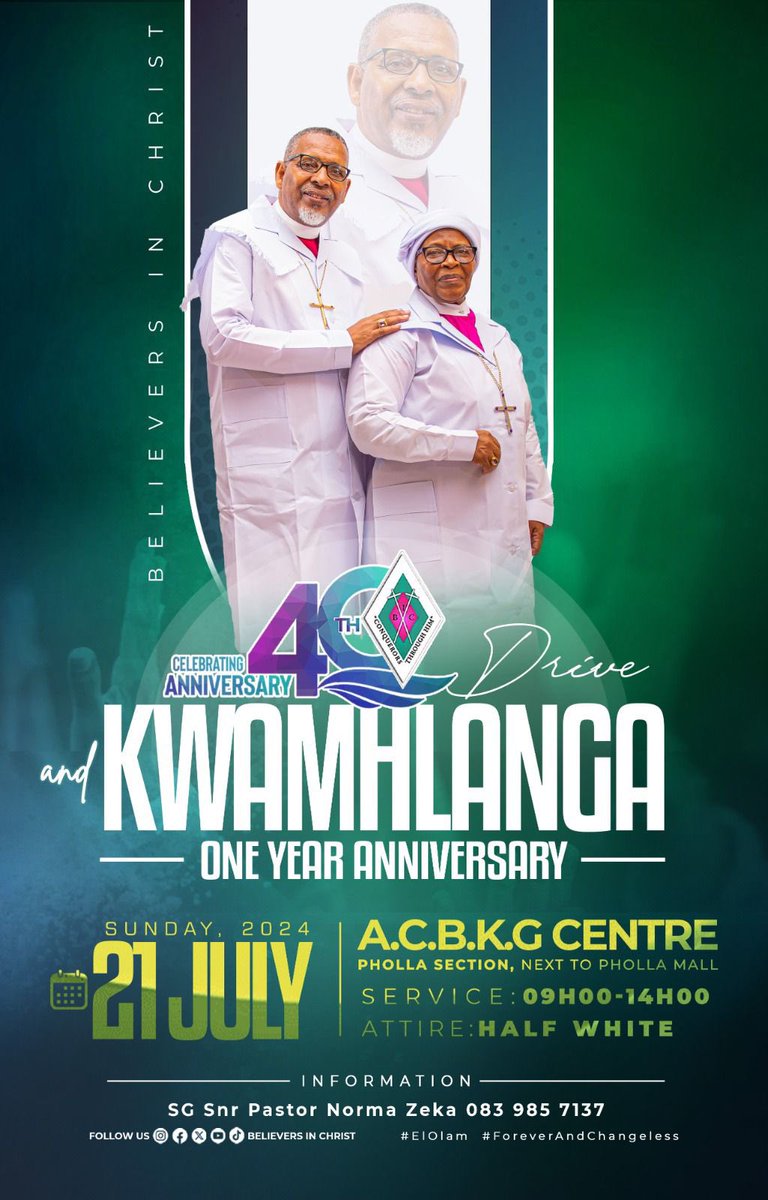Believers_sa's tweet photo. Shalom bazalwane,
Kindly receive the KwaMhlanga's 40th Anniversary Drive and One year Anniversary Poster for your attention. Stay blessed
#ElOlam #ForeverAndChangeless https://t.co/BSQ30q183u