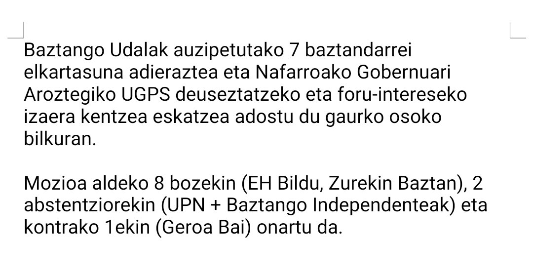 Baztango Udalaren mozioa. #Aroztegia