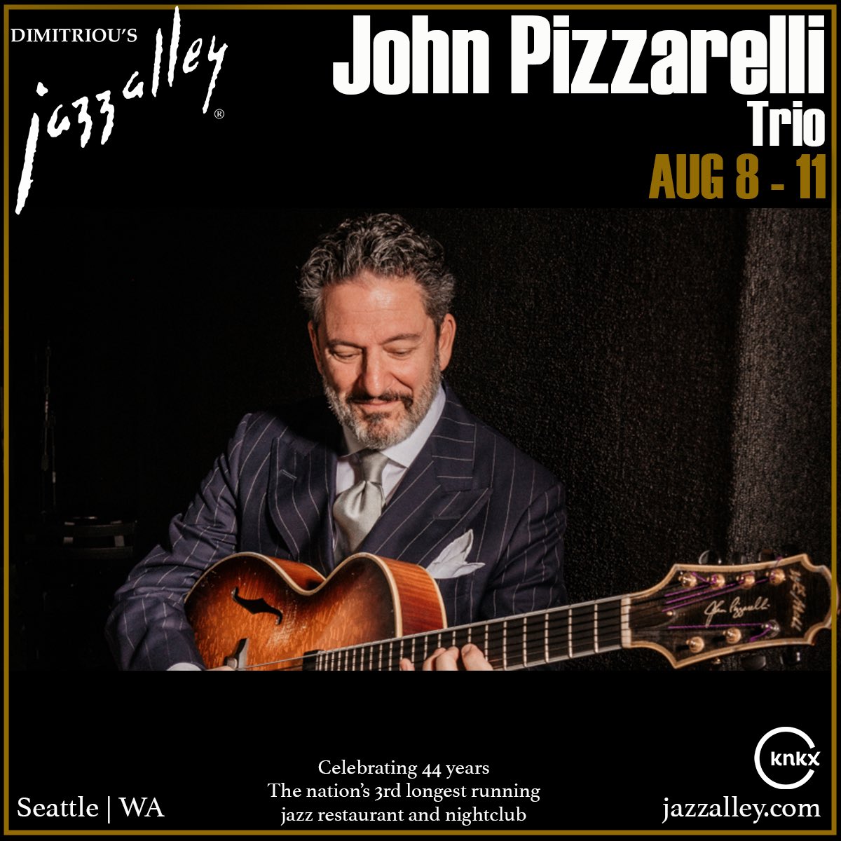 Next month, John Pizzarelli will be in Seattle for 4 nights playing at Dimitriou’s Jazz Alley. Tickets are on sale now at johnpizzarelli.com/tour, don’t miss out on these 6 shows!

jazzalley.com/www-home/artis…