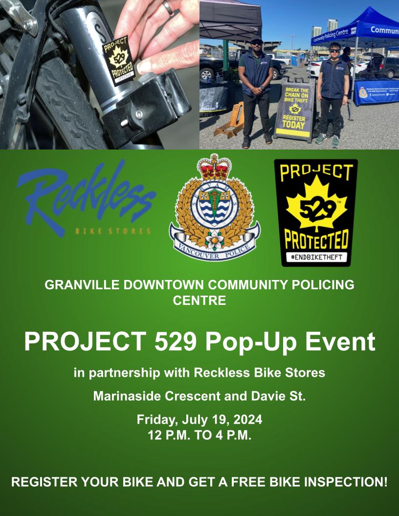 Tomorrow we will be registering bikes from 12PM to 4PM along the Seawall located at Marinaside Crescent and Davie St. Staff from Reckless Bike Stores will be providing free bike inspections for bikers! See you there!