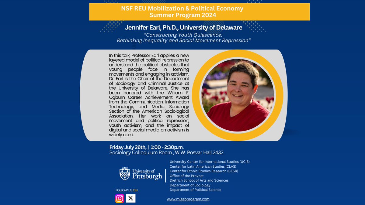 migapprogram's tweet image. Dr. Jennifer Earl on 'Constructing Youth Quiescence: Rethinking Inequality and Social Movement Repression'
