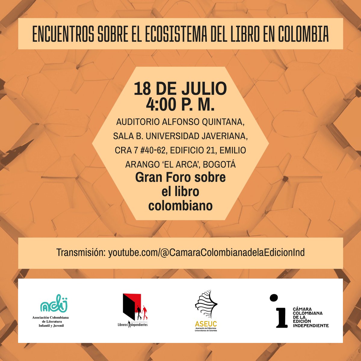 ¡Hola! ¿Saben que están pasando un montón de cosas alrededor del libro? ¿Qué podemos hacer para mejorar el ecosistema y las leyes por venir? Hoy tenemos un foro en la <a href="/UniJaveriana/">Pontificia Universidad Javeriana</a> con la presencia del ministro J.D. Correa de <a href="/mincultura/">MinCultura Colombia</a>  y Adriana Martínez, de <a href="/BibliotecaNalCo/">Biblioteca Nacional de Colombia</a>