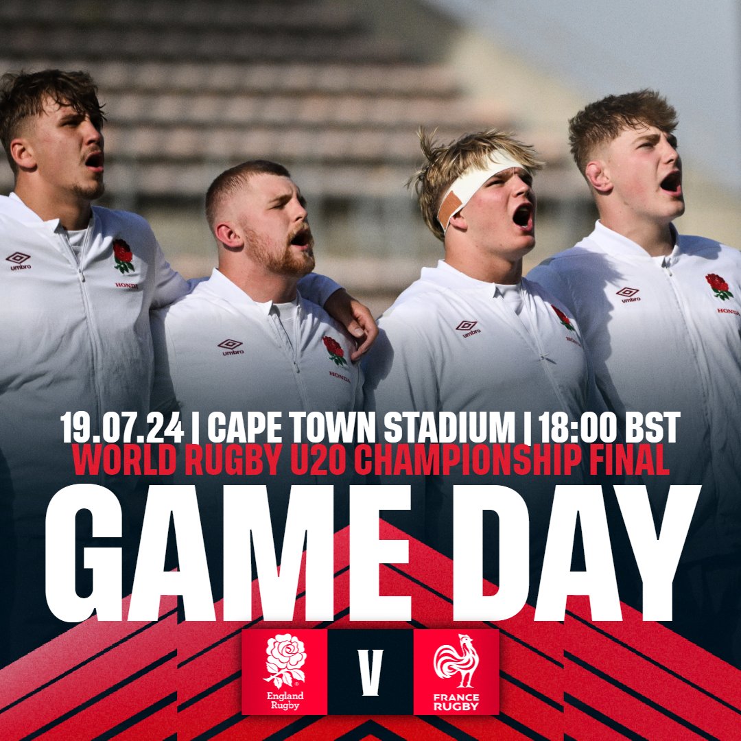EnglandRugby's tweet photo. It's almost time for the #WorldRugbyU20s final ⏳

🆚 @FranceRugby 
⏰ 18:00 BST
🏟️ Cape Town Stadium
📺 BBC iPlayer and RugbyPass TV