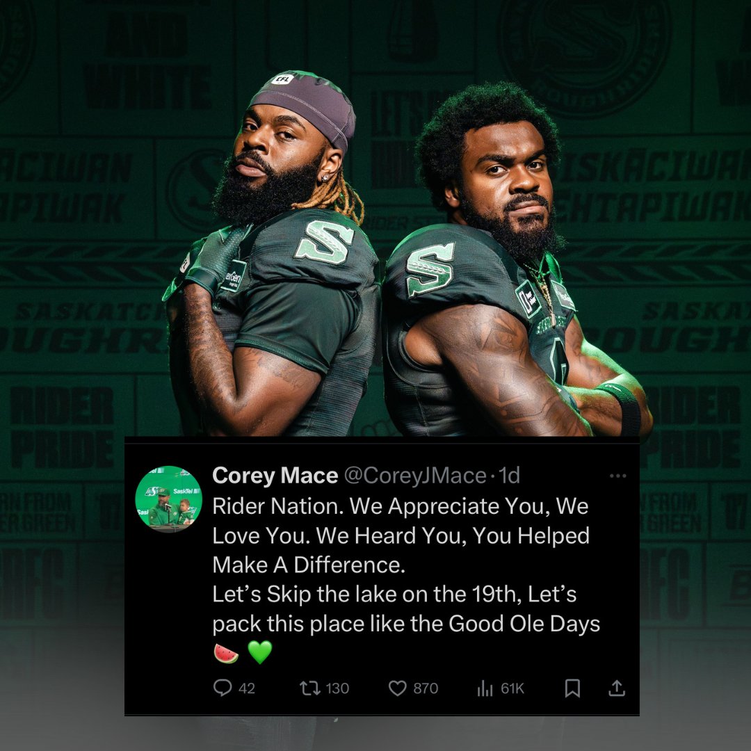 The SportsCage (@sportscage) on Twitter photo 📍Coach <a href="/CoreyJMace/">Corey Mace</a> put out the word for <a href="/sskroughriders/">Saskatchewan Roughriders</a> fans to pack Mosaic tomorrow night when the Bombers are in town.
Do you have your Obsidian Green Rider gear yet?
#Riders #cflgameday #cfl
Countdown to Kickoff starts at 4:30 pm with <a href="/JDunk12/">Justin Dunk</a>
CKRM.STREAMON.FM 📍Coach <a href="/CoreyJMace/">Corey Mace</a> put out the word for <a href="/sskroughriders/">Saskatchewan Roughriders</a> fans to pack Mosaic tomorrow night when the Bombers are in town.
Do you have your Obsidian Green Rider gear yet?
#Riders #cflgameday #cfl
Countdown to Kickoff starts at 4:30 pm with <a href="/JDunk12/">Justin Dunk</a>
CKRM.STREAMON.FM