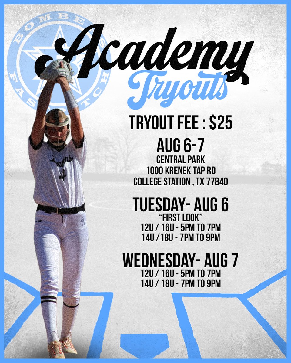 Bombers Fastpitch (@bombers_fp) on Twitter photo Tryout Time! Players will have 2 opportunities to tryout for the Bombers Academy. Tryouts will take place in College Station, Texas on August 6th & 7th . Players must pre-register with the link below. Contact Scott Smith at: scott@bombersfastpitch.net 🔗bomberfastpitchtryouts.com Tryout Time! Players will have 2 opportunities to tryout for the Bombers Academy. Tryouts will take place in College Station, Texas on August 6th & 7th . Players must pre-register with the link below. Contact Scott Smith at: scott@bombersfastpitch.net 🔗bomberfastpitchtryouts.com