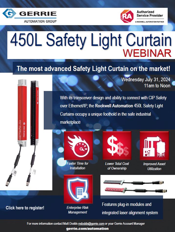 🚩WEBINAR🚩 450L Safety Light Curtain! Now with CIP SAFETY over Ethernet/IP! Learn about this top notch safety solution with #GerrieElectric Safety Product Manager Matt Dodds. ✔
Wed July 31, 2024
11a to noon
Click here to register: gerrie.com/Training  
#RockwellAutomation