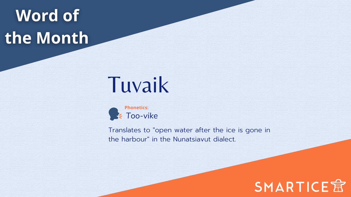 SmartICE_Arctic's tweet photo. Word of the Month features an Inuktitut word, pronunciation and translation to engage and highlight the importance of Indigenous language revitalization.

This month's word is Tuvaik which translates to "open water after the ice is gone in the harbour". 1/2 https://t.co/2iAbfCPprQ
