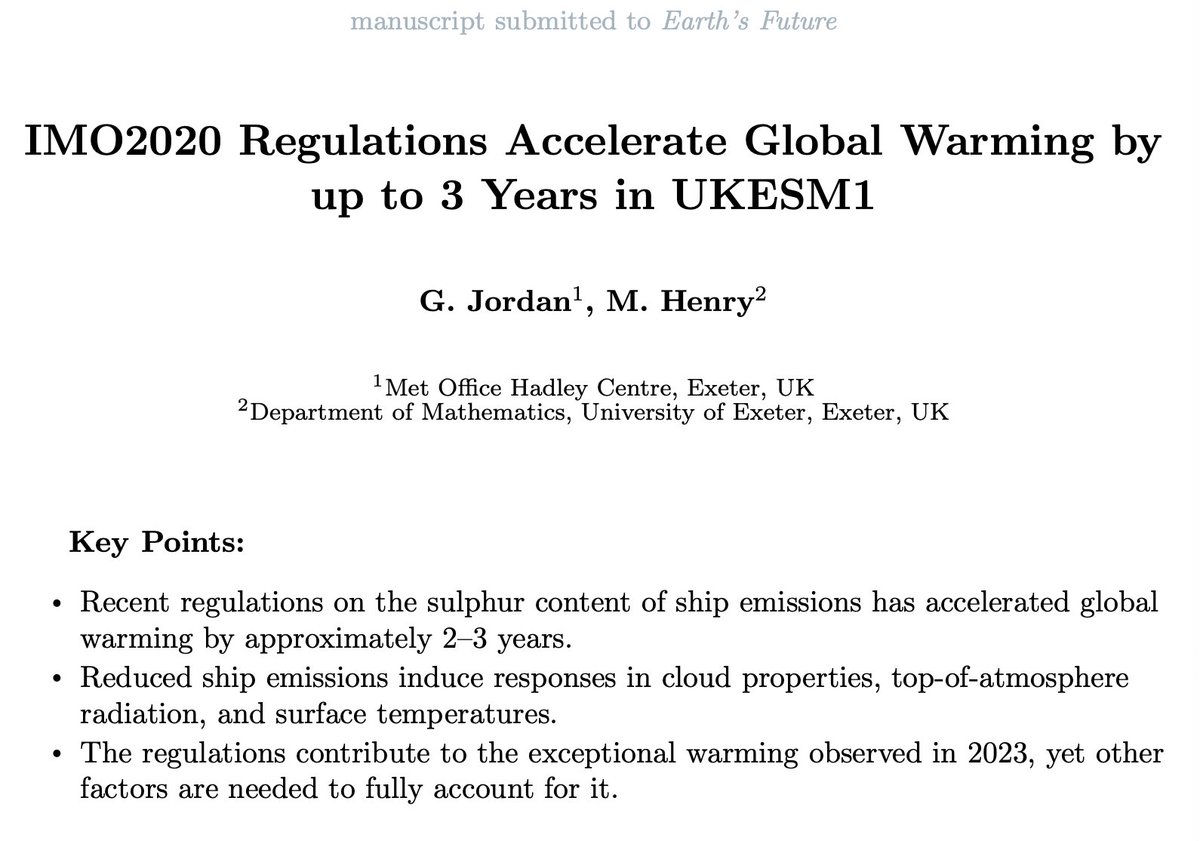 There seems to be an ever-growing pile of literature on the climate impacts of the 2020 IMO shipping regulations. Anyway, George Jordan from the Met Office has led a cool study using UKESM1, which is out now in preprint form!:)