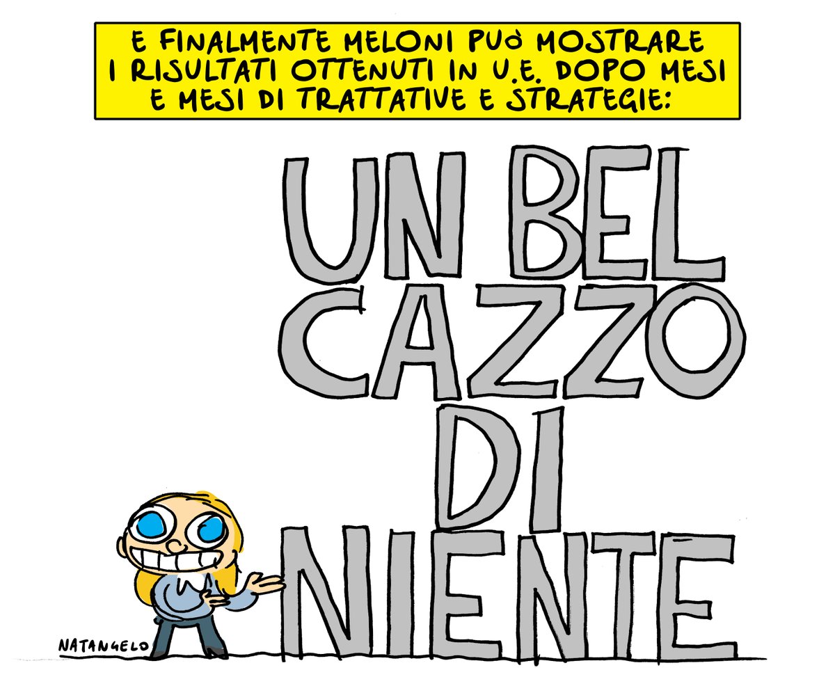 Un grande risultato

#meloni #vonderleyen #europa #vignetta #fumetto #memeitaliani #umorismo #satira #humor #natangelo