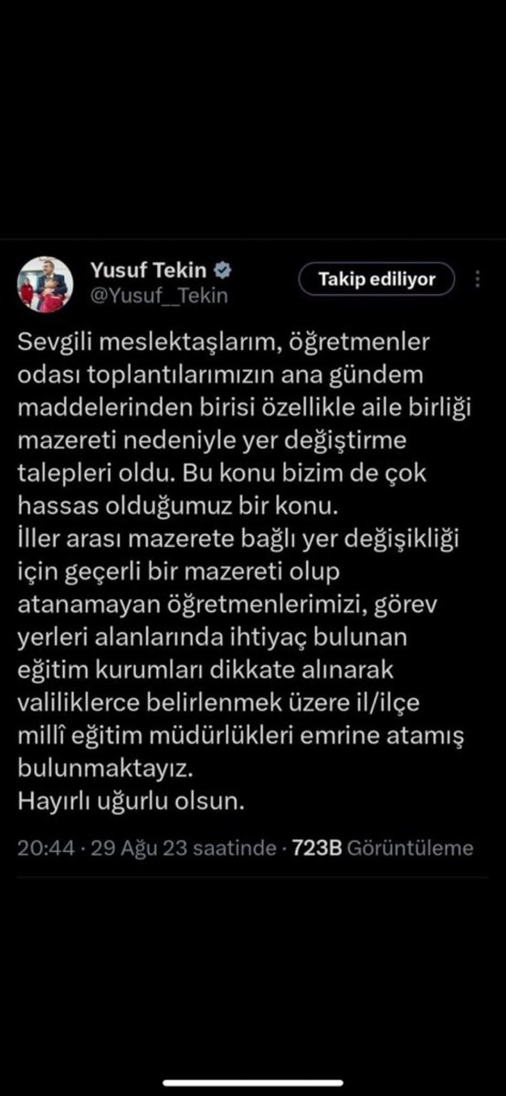 Sayın bakan <a href="/Yusuf__Tekin/">Yusuf Tekin</a>  hassasiyetiniz mi değişti? Aile birliği önemli olmaktan mı çıktı?
İl, ilçe emri atama fikrinize ne oldu? Her yıl sürprizlerle karşılaşmak öğretmenin kaderi mi?
Eğleniyor muyuz yani?
Nedir?
Öğretmenlerin talebi geçmiş yıllardaki uygulamanın tekrarı. Yeni