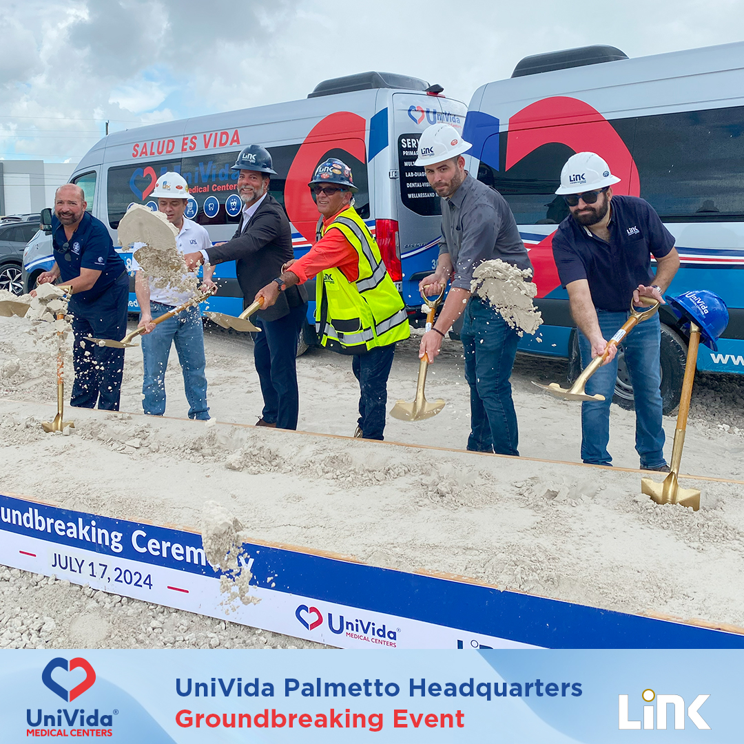 LinkConstGroup's tweet photo. Amazing turnout at the UniVida Palmetto HQ Groundbreaking! 🎉 Link Construction, UniVida, Javier Romero, and Don Francisco joined us. Excited to bring healthcare and jobs to our community! 🚀 #LinkConstructionGroup #UniVida #CommunityGrowth #Healthcare #JobCreation https://t.co/EzaKRtHrv2