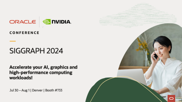 MDSilva_NVIDIA's tweet photo. Join Oracle and NVIDIA at SIGGRAPH 2024 from July 30th to August 1st in Denver at Booth #733! Check out our optimized 3D video production demo, digital twins session, and the Women of SIGGRAPH Conversations (WOSC) breakfast mixer. Learn more. https://t.co/PKLhJ4lPJw https://t.co/WU9R60bR4m