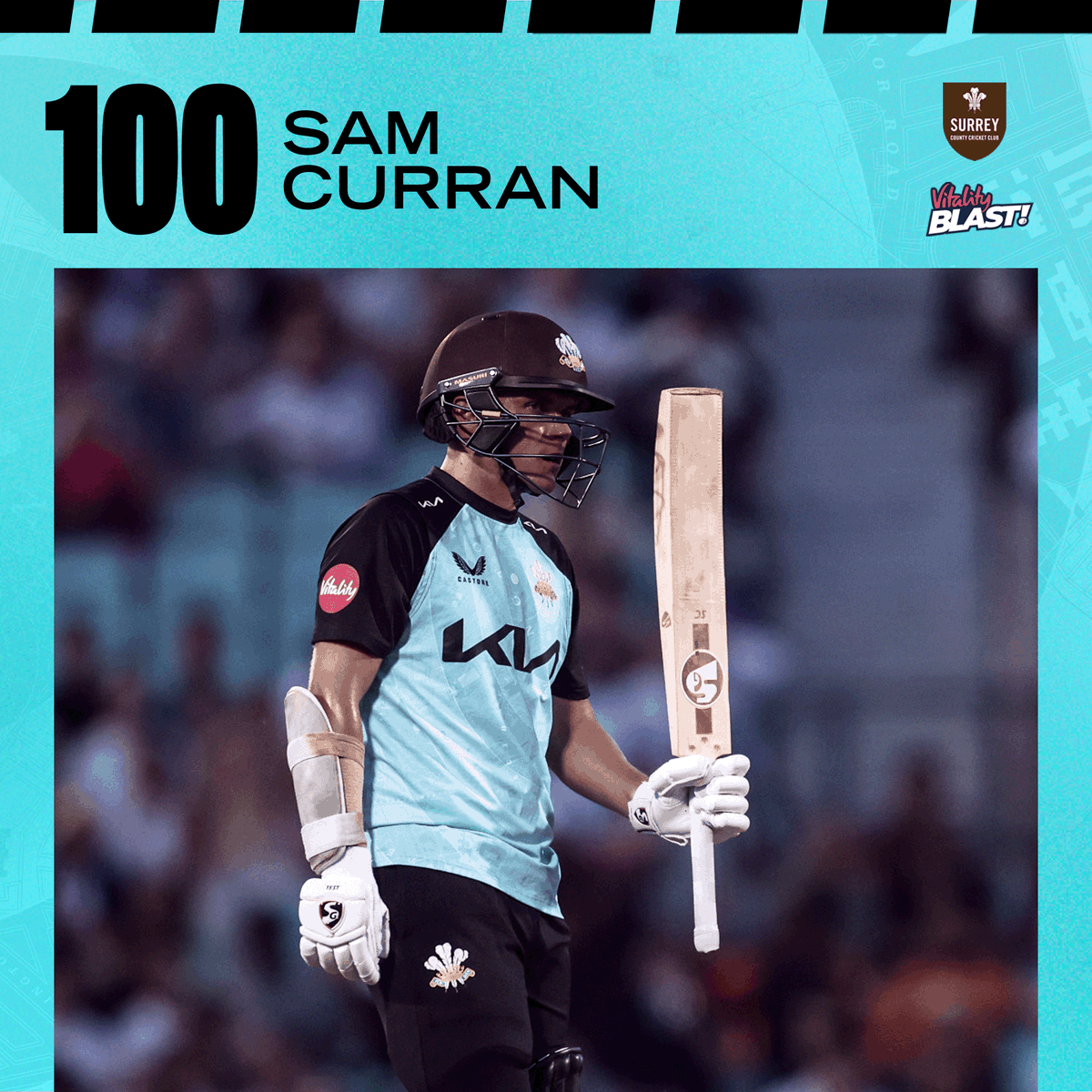 surreycricket's tweet photo. Home quarter-final CONFIRMED as Sam Curran brings up his maiden T20 century with a HUGE SIX into the Bedser Stand!!!!  ✅💯

Surrey beat Hampshire Hawks by 5⃣ wickets at The Kia Oval!!!!

🤎 | #SurreyCricket https://t.co/WIHhLEg7PX