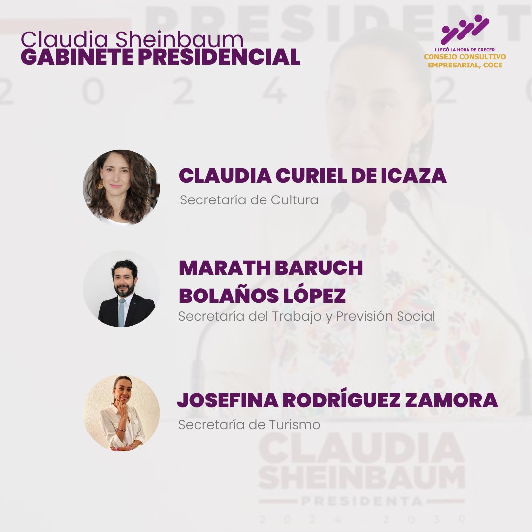 COCEMX's tweet photo. Felicitamos al Gabinete Presidencial de Claudia Sheinbaum por asumir esta importante responsabilidad. Confiamos en que su liderazgo y compromiso traerán un futuro próspero para México. ¡Adelante con los desafíos y oportunidades que nos esperan! #COCEMX #LlegóLaHoraDeCrecer https://t.co/uPdpjC658o