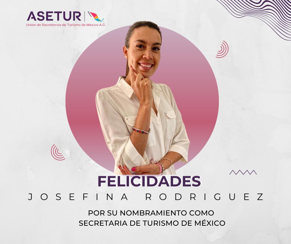 asetur_mx's tweet photo. 🎉 Desde #ASETUR, felicitamos con entusiasmo a nuestra amiga y compañera Josefina Rodríguez Zamora por su nombramiento como Secretaria de #Turismo de #México. 🌟 Estamos seguros de que su liderazgo llevará al turismo mexicano a nuevas alturas. ¡Enhorabuena, Josefina! 🇲🇽 https://t.co/TTfZwYyTEZ