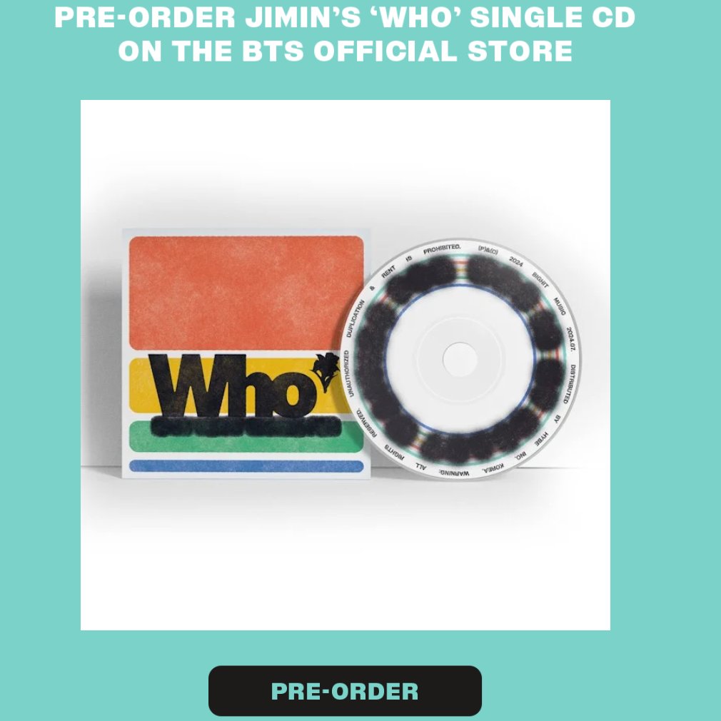 🇺🇸🇵🇷 US/PR Jimin lovers!!

Don't forget to pre-order your "Who" single CDs if you haven't yet. 

We need more unique sales, so get your friends, family, co-workers, etc to buy the CD and let's get it sold out soon 👍🏻

★shop.bts-official.us/products/who-s…

Limit 4 per customer

WHO IS COMING
