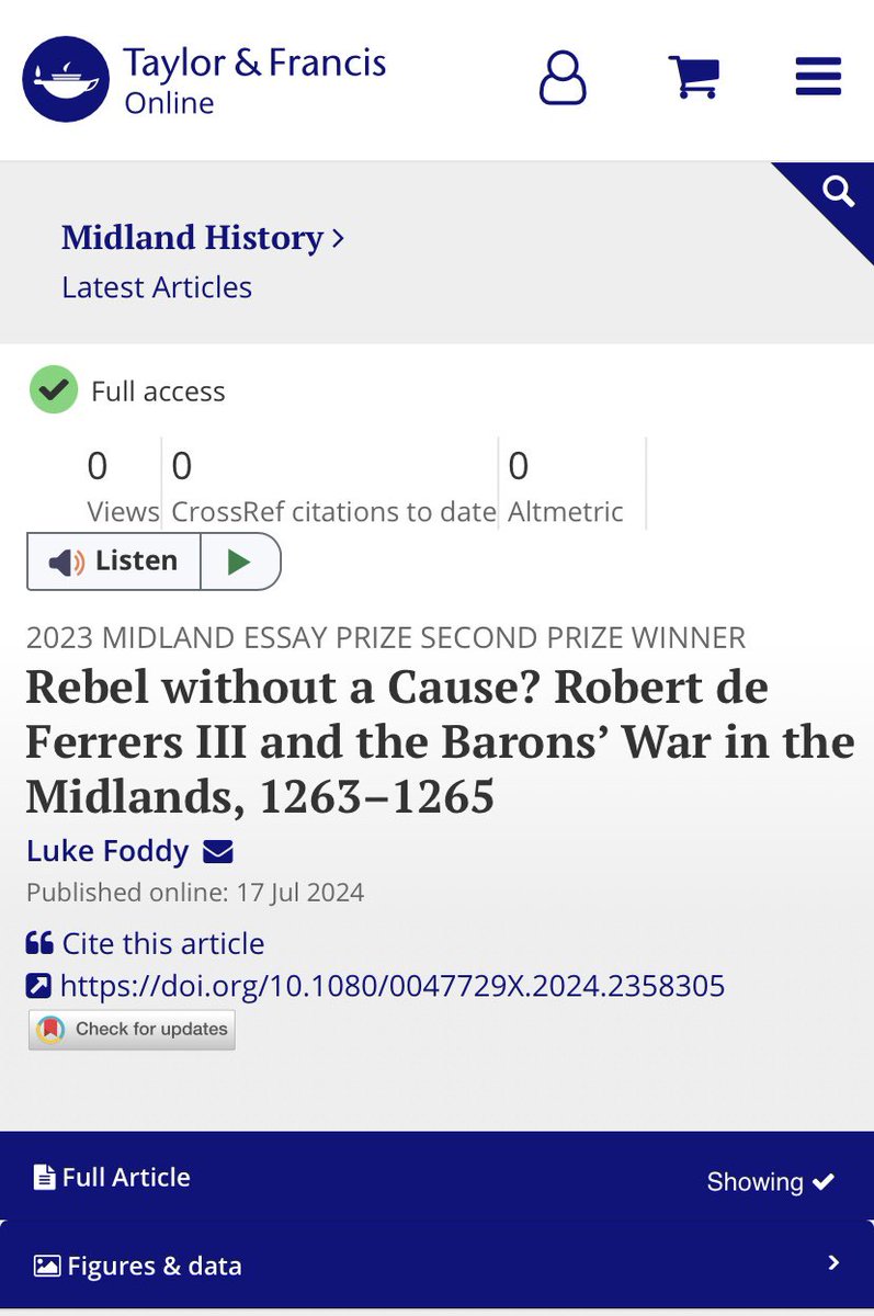 LukeFoddy's tweet photo. Buzzing to share that my very first journal article was published today in @MidlandHistory 

It provides an analysis of Robert de Ferrers’ involvement in the rebellion against Henry III, with a focus on the #Midlands 

#medievaltwitter

https://t.co/HPf1Os1NOH https://t.co/XzOEbDttVJ