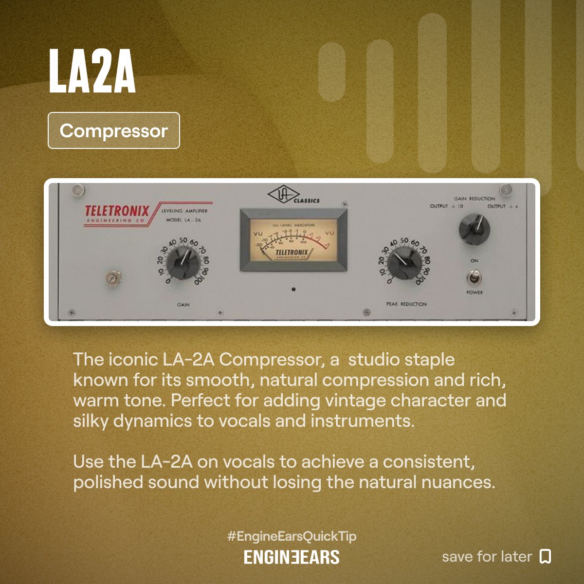 EngineEars's tweet photo. 🎛️ Meet the LA-2A Compressor
Tip: Use the LA-2A on vocals to achieve a consistent, polished sound without losing the natural nuances. Just a touch can bring out the best in any performance! 🎤✨
#AudioEngineering #MusicProduction #LA2A #MixingTips #StudioGear #ProAudio https://t.co/IMWAQKAaQp