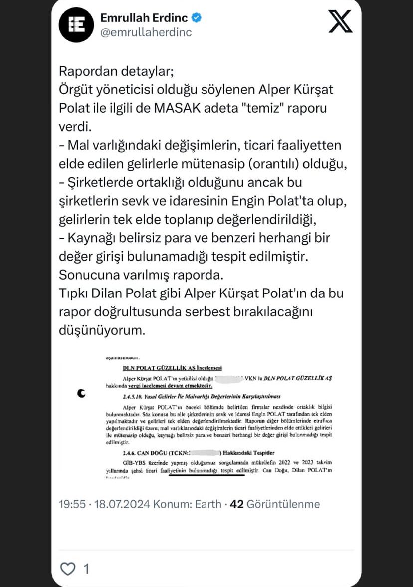 Hadi suçsuz olduklarını sayfalarınızda paylaşsanıza, kara para aklama örgüt kurma vs. olayların olduğu bu belgelerde yazsaydı tüm magazin sayfaları paylaşırdı sayfalarında pr’sini yapardı, biz onların masum olduğuna emindik adalete inancımız sonsuzdu #dilanpolataadilyargılama