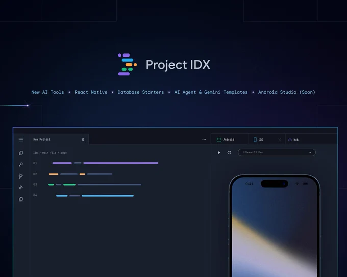 A social share image that shows the IDX logo with the features launched: New AI Tools, React Native, Database Starters, AI Agent & Gemini Templates, and Android Studio (Soon)