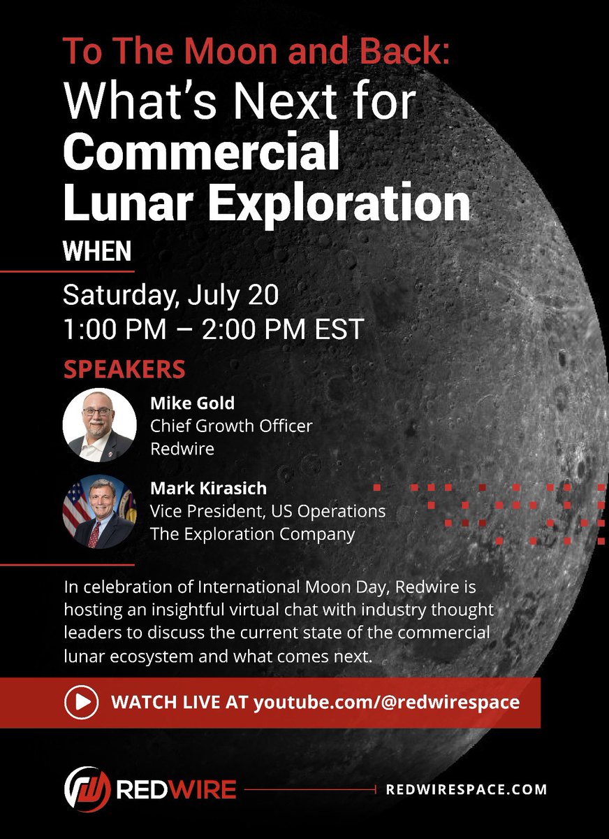 🌕✨ Learn what’s next for lunar exploration with us! In celebration of International Moon Day, join us for an exclusive virtual chat with industry thought leaders who are shaping the future of the commercial lunar ecosystem. 🚀

Hear from our very own Chief Growth Officer, Mike