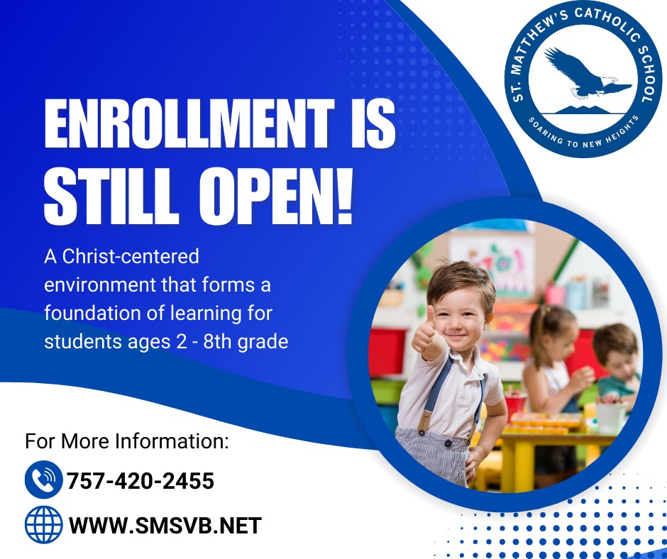 StMattsVB's tweet image. The 2024-2025 school year is fast approaching!
Limited spaces are available for Kindergarten and 2nd grade, as well as 4th-8th grade students. Give us a call today to schedule your own private tour and see all that we have to offer!
Apply today: smsvb.net