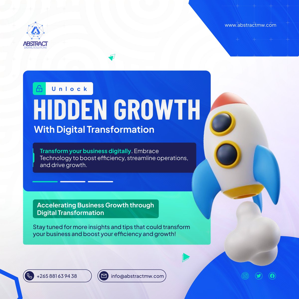 AbstractMw's tweet photo. Unlock new growth opportunities! 🌟 Embrace digital transformation and stay tuned for insights and solutions. 🚀 

#DigitalTransformation #BusinessGrowth #StayTuned https://t.co/Mz1iDZZhKS