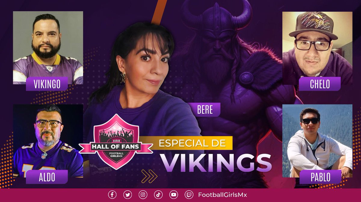 nflgirlsmx's tweet photo. #NFLovers! Tenemos una cita esta noche para el #HallOfFans de los Minnesota #Vikings con @ValkiriadHierro y sus invitados, @vikingoferrer, @chelito_nfl, @InformePurpura y @morocosalazar

💜💛💜💛💜💛💜
🗓️18 julio
🕘21:00 
📱FB y YT https://t.co/3BE6MdqfpL
 #FootballGirlsMx  #Skol https://t.co/LJLfabh8qA