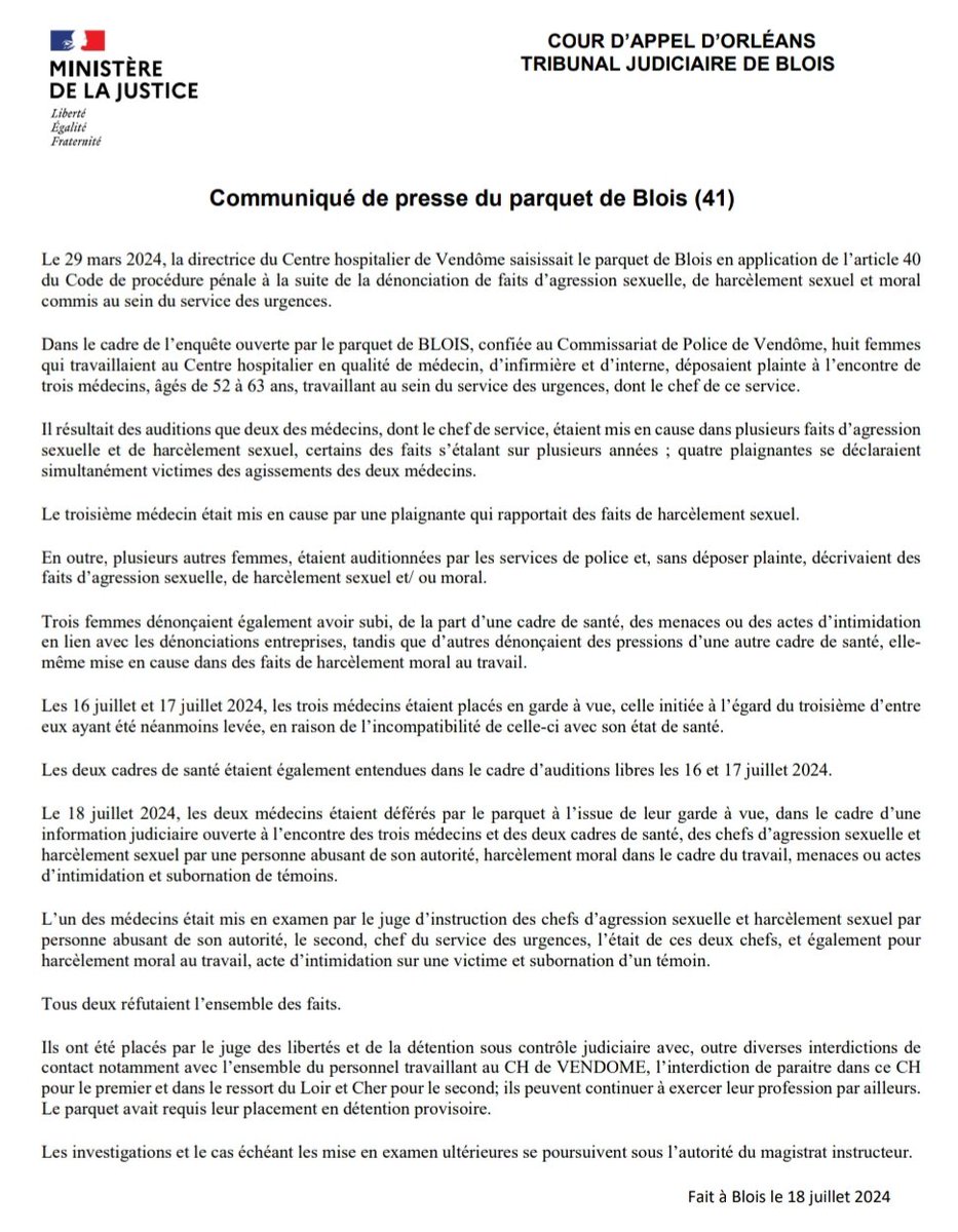 CBeluet's tweet photo. Communiqué du parquet de Blois dans le cadre de l'enquête ouverte des chefs d'agression sexuelle, harcèlement sexuel et moral au Centre Hospitalier de Vendôme https://t.co/heLjOfjkcg