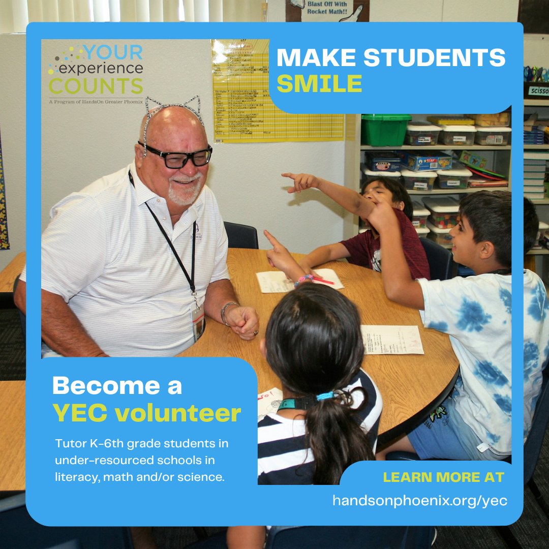 The first day of school is approaching and we need YOU to help students succeed in the classroom 🍎📚 Your Experience Counts is looking for new volunteers to tutor students in small groups and one-on-one settings. Check out handsonphoenix.org/YEC to learn more and how to apply!