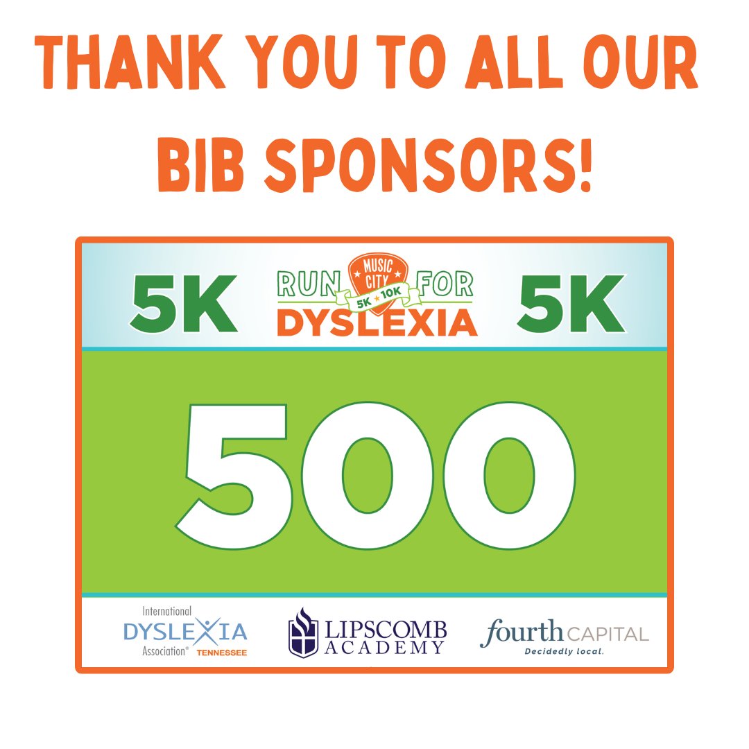 Bib sponsorships are all sold out for the Music City Run for Dyslexia! Don't worry, there are still other ways to sponsor the race. Swipe to see additional sponsorship options and ways you can show your support!