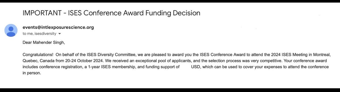 Mahender__MSR's tweet photo. Thrilled to announce I’ve been awarded the @ISExposureSci Conference Travel Award! This October, I will present my research on PFAS size distribution in Montreal. Thanks to @aferro_air and the ISES Diversity Committee for their support. Excited to connect and share insights. https://t.co/eLqb5fGtiC