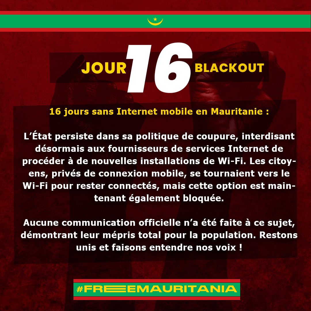 mauritanielibre's tweet photo. Jour 16 sans Internet mobile en Mauritanie : Le gouvernement interdit désormais les nouvelles installations de Wi-Fi, coupant ainsi un autre lien vital pour les citoyens. Aucune explication officielle n’a été donnée, montrant leur mépris pour la population.
#FreeMauritanie https://t.co/NkFC7yElG6