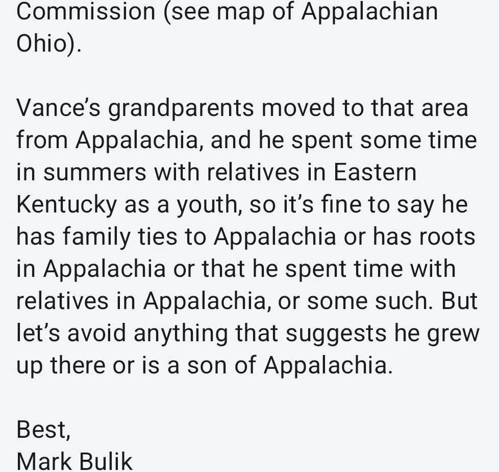 SCOOPLET: The New York Times standards desk sent out a memo to reporters reminding them that JD Vance isn't actually from Appalachia, so please avoid suggesting that he's a "son of Appalachia."