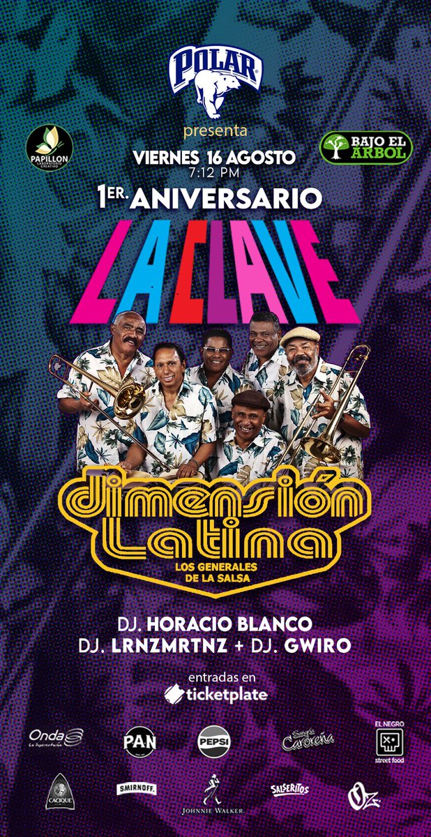 1er Aniversario La Clave 
Viernes 16 de agosto 

DIMENSION LATINA en vivo

Entradas a través de:
ticketplate.com/checkout/la-cl…
