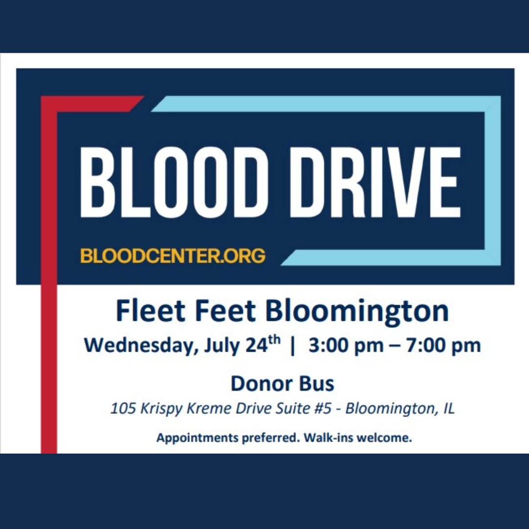 FleetFeetBlm's tweet photo. Give the gift of life! The Donor Bus will be at Fleet Feet Bloomington on Wednesday, July 24th. For an appointment, call ImpactLife at (800) 747-5401 or email at hello@impactlife.org

Find details at https://t.co/iCt3ZsP3lr https://t.co/0Ck7om16Mr