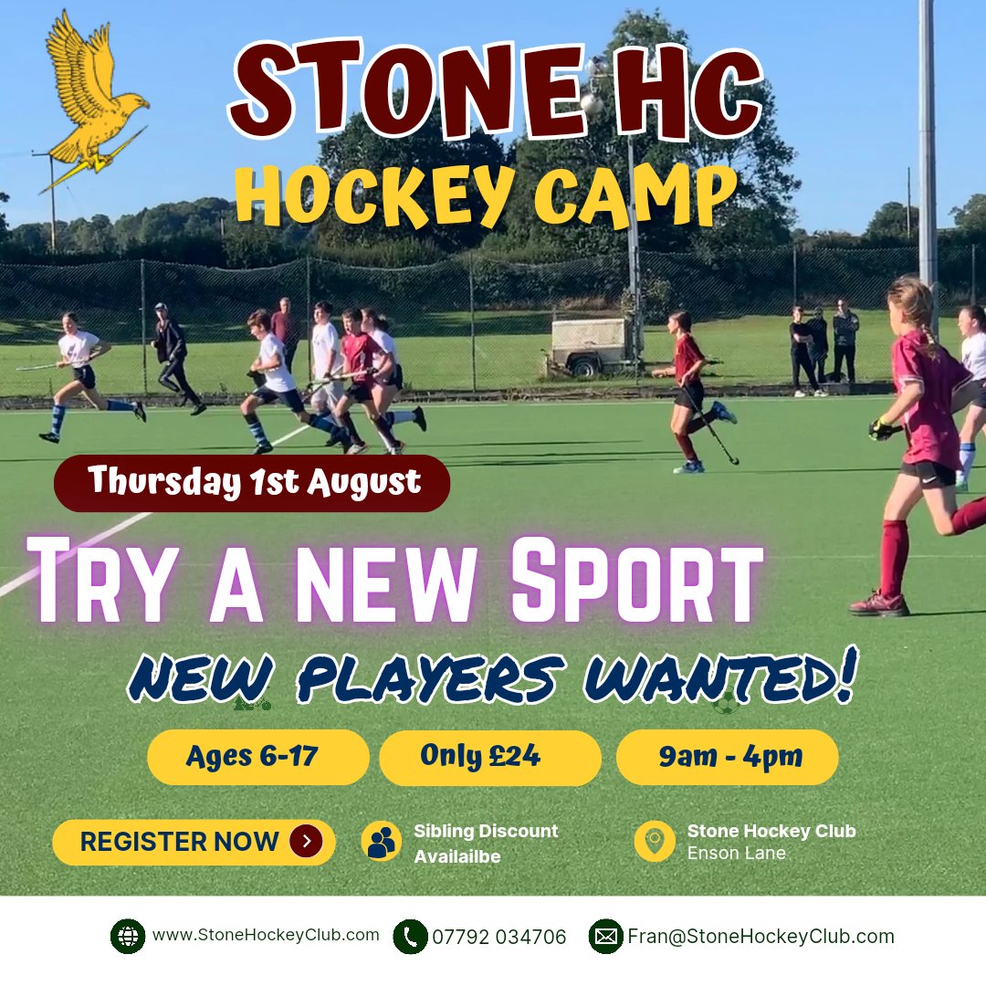 Stonehockeyclub's tweet photo. We are super excited to announce that we are running our very own Summer Camp this Holidays!We welcome Stone Members, Other Local Club Members and Players completely new to Hockey! please use this link to book: https://t.co/UOxC5sILWh @staffshockey @midlands_hockey https://t.co/uMMzvd2xAf