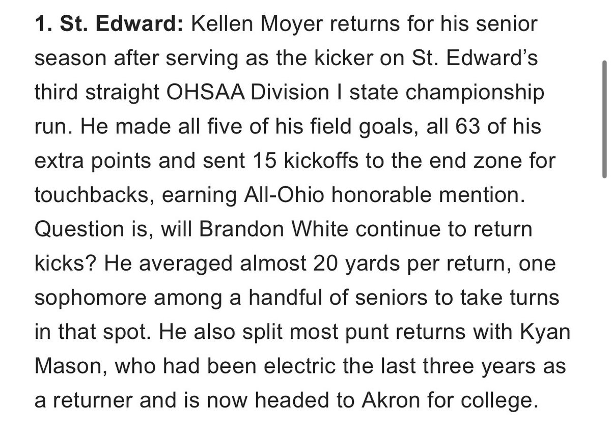 kellen moyer 4.5🌟 (@moyer_kellen) on Twitter photo Ranked as the best special teams unit in Northeast Ohio by Cleveland.com. #one
<a href="/SEHS_FOOTBALL/">St. Edward Football</a> <a href="/HKA_Tanalski/">Adam</a> <a href="/D_Madden_Punter/">Coach Dan Madden</a> <a href="/fee_colton/">Colton Fee</a> Ranked as the best special teams unit in Northeast Ohio by Cleveland.com. #one
<a href="/SEHS_FOOTBALL/">St. Edward Football</a> <a href="/HKA_Tanalski/">Adam</a> <a href="/D_Madden_Punter/">Coach Dan Madden</a> <a href="/fee_colton/">Colton Fee</a>