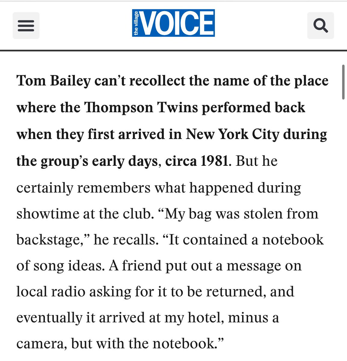 Thompson Twins' Tom Bailey (@tombaileytour) on Twitter photo Thanks to <a href="/villagevoice/">The Village Voice</a> for this piece on tonight’s show -
villagevoice.com/sharing-80s-me… Thanks to <a href="/villagevoice/">The Village Voice</a> for this piece on tonight’s show -
villagevoice.com/sharing-80s-me…