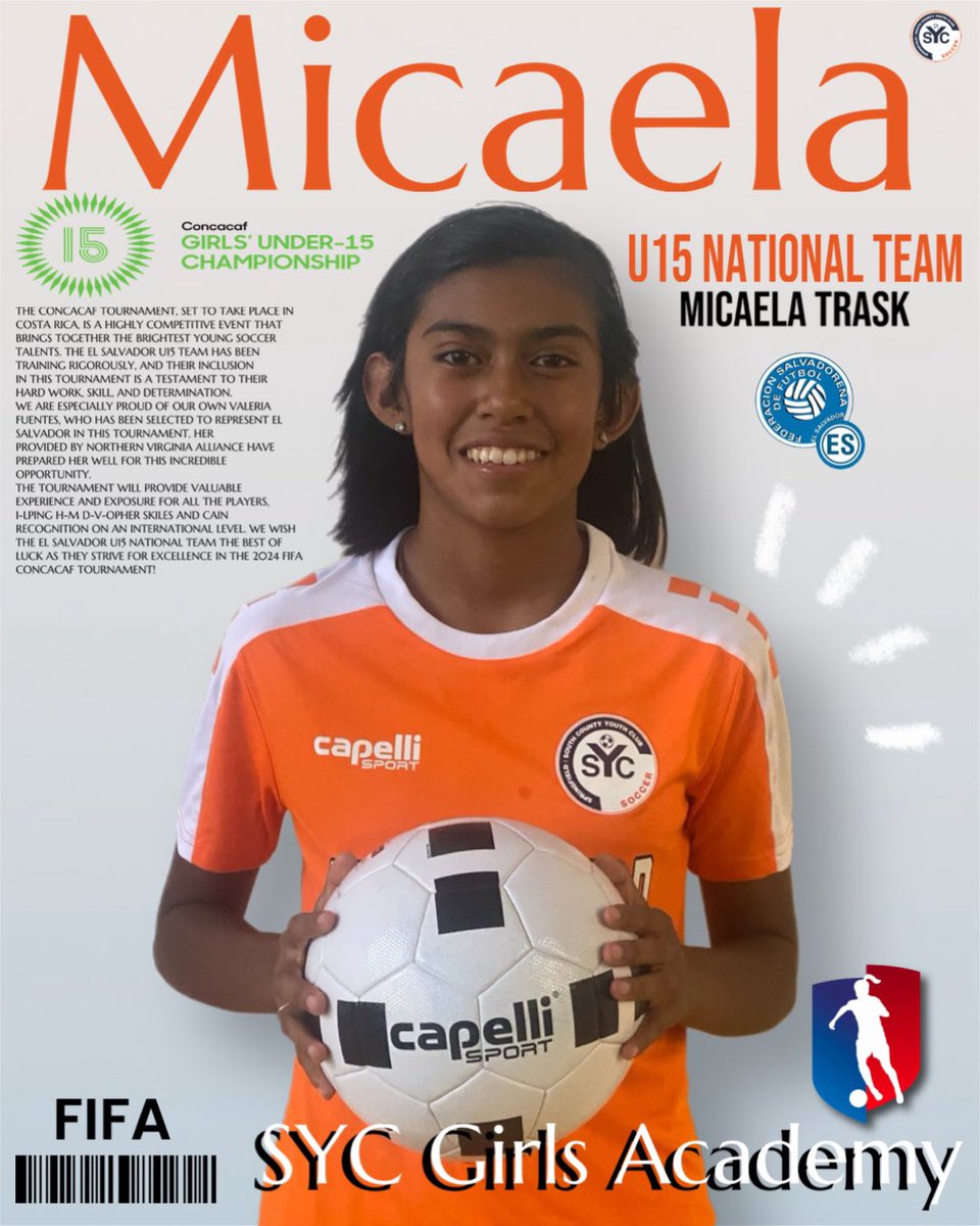 SYC Soccer - Springfield (@sycsoccer) on Twitter photo Congratulations to Micaela Trask from our SYC Girls Academy 2010 GA Β team that has made the roster for the El Salvador national team for the upcoming U15 FIFA Concacaf Championships in Costa Rica!Β
<a href="/GAcademyLeague/">Girls Academy</a>
#GirlsAcademy #Elsalvador
#SYCGirlsRock Congratulations to Micaela Trask from our SYC Girls Academy 2010 GA Β team that has made the roster for the El Salvador national team for the upcoming U15 FIFA Concacaf Championships in Costa Rica!Β
<a href="/GAcademyLeague/">Girls Academy</a>
#GirlsAcademy #Elsalvador
#SYCGirlsRock