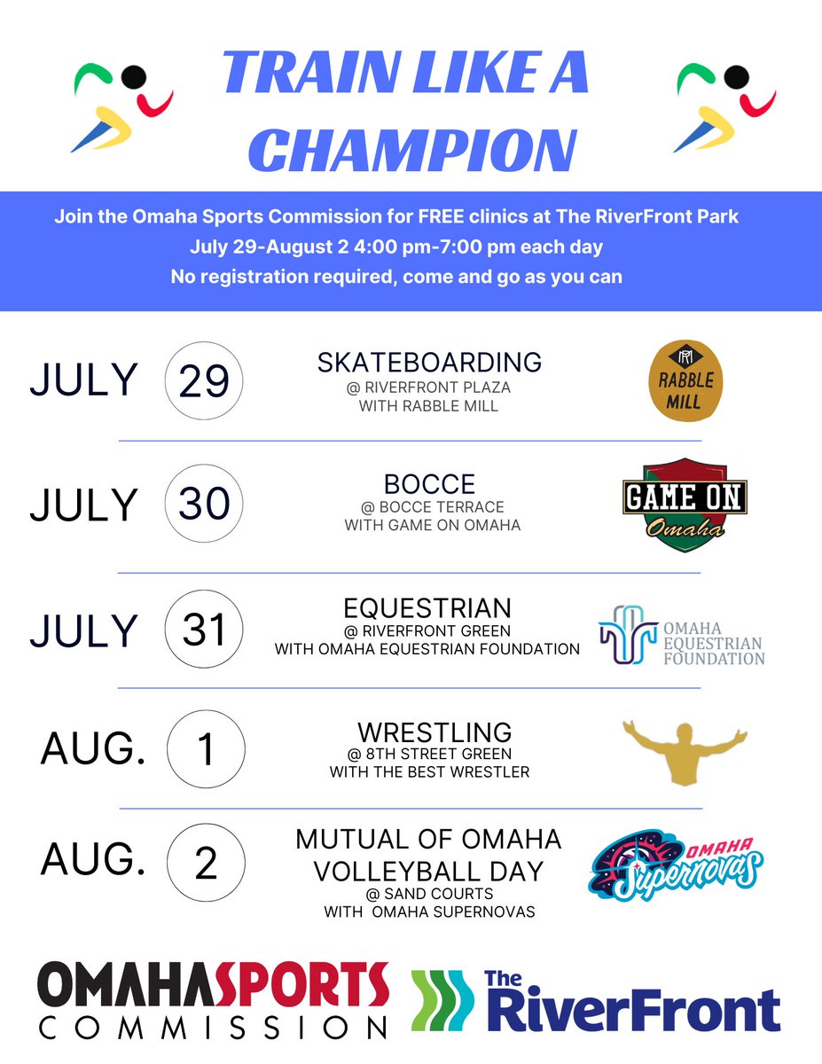 🏅 Want to learn how to play 5 different Olympic sports? If you said yes, we have great news for you! Train Like A Champion is a set of free youth clinics where you can try out Skateboarding, Bocce, Equestrian, Wrestling, and Volleyball. Join us from July 29 to August 2📅