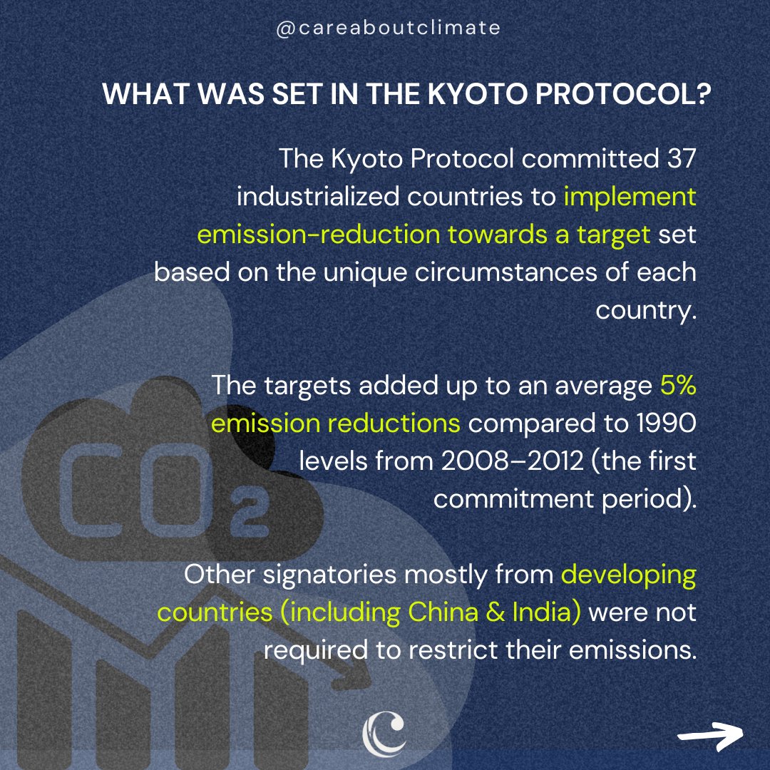 Have you ever heard of the #Kyoto Protocol?
This was the first legally binding agreement established by the <a href="/UNFCCC/">UN Climate Change</a> to limit greenhouse gas emissions. 
Swipe to read more &amp; understand this international treaty’s failure &amp; how it was replaced by the Paris Agreement.
#climate 
1/2