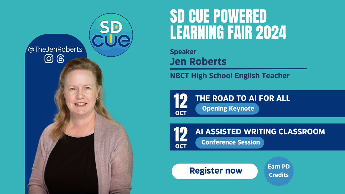 San Diego CUE (@sandiego_cue) on Twitter photo .<a href="/JenRoberts1/">Jen Roberts, NBCT</a>, a NBCT High School English Teacher and co-author of "Power Up: Making the Shift to 1:1 Teaching and Learning," is the opening keynote speaker for the #SDCUE PL Fair! @CUEinc
Take advantage of the early bird rate and register today - sdcuefair.eventbrite.com .<a href="/JenRoberts1/">Jen Roberts, NBCT</a>, a NBCT High School English Teacher and co-author of "Power Up: Making the Shift to 1:1 Teaching and Learning," is the opening keynote speaker for the #SDCUE PL Fair! @CUEinc
Take advantage of the early bird rate and register today - sdcuefair.eventbrite.com