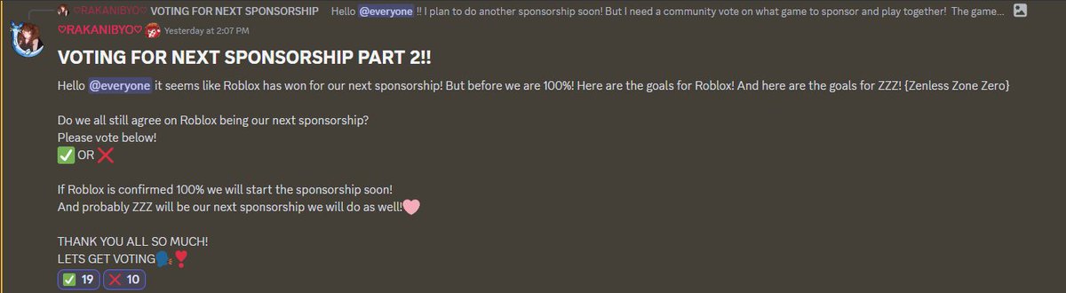 Rakanibyo's tweet image. YOU ALL GOT 24 HOURS TO VOTE FOR OUR NEXT SPONSORSHIP!!🎉 ROBLOX V.S ZENELESS ZONE ZERO!🎉 ITS IN MY DISCORD SERVER! LINK BELOW OR JUST VOTE IN COMMENTS TOO❣️
#Vtubers #EnVtuber #StreamElements #Twitch #Discord